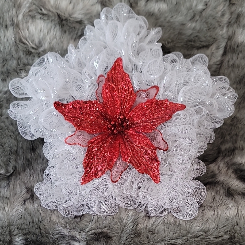 Festive White Mesh Star with Red Glitter Poinsettia